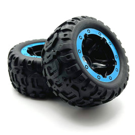 BlackZon - Slyder MT Black Wheels and Tires Assembled, Blue Beadlock Ring - Hobby Recreation Products