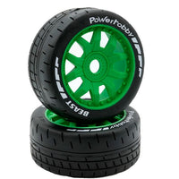 Power Hobby - 1/8 GT Beast Belted Mounted Tires 17mm Medium Green Wheels - Hobby Recreation Products