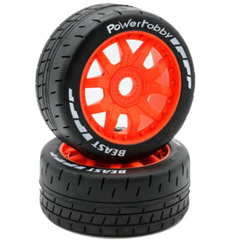 Power Hobby - 1/8 GT Beast Belted Mounted Tires 17mm Medium Orange Wheels - Hobby Recreation Products