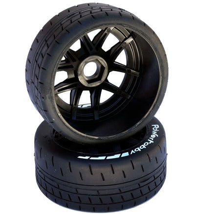 Power Hobby - 1/8 GT Beast Belted Mounted Tires, Medium Compound, 17mm Black Wheels - Hobby Recreation Products