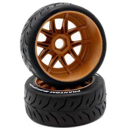 Power Hobby - 1/8 GT Phantom Belted Mounted Tires, Medium Compound, 17mm Brown Wheels - Hobby Recreation Products