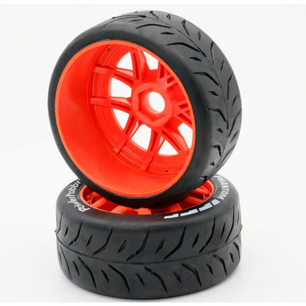 Power Hobby - 1/8 GT Phantom Belted Mounted Tires, Soft Compound, 17mm Orange Wheels - Hobby Recreation Products