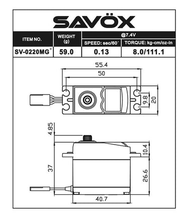 Savox - High Voltage Standard Digital Servo with Soft Start, 0.13sec / 111.1oz @ 7.4V - Hobby Recreation Products