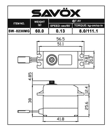 Savox - Waterproof Standard Digital Servo with Soft Start, 0.13sec / 111.1oz @ 7.4V - Hobby Recreation Products