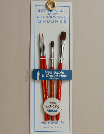 Atlas Brushes - Red Sable & Camel Hair Brushes in 4 Sizes, 2 Flay, 2 Round - Hobby Recreation Products