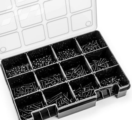 J Concepts - Hardware Storage Box, Black/Smoke Gray (~8" x 5.50" x 1.5"), Fits 1/10th & 1/8th Screws & Parts - Hobby Recreation Products