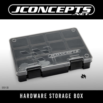 J Concepts - Hardware Storage Box, Black/Smoke Gray (~8" x 5.50" x 1.5"), Fits 1/10th & 1/8th Screws & Parts - Hobby Recreation Products