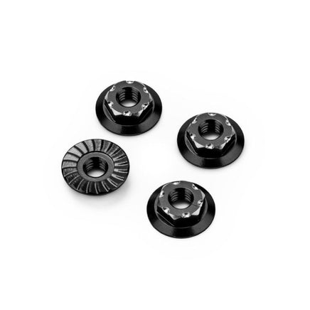 J Concepts - RC10B7 M4 Low - Profile Aluminum Wheel Nut, Black, 4pc, Fits Vehicles with 4mm Axle Thread - Hobby Recreation Products