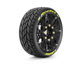Louise R/C - MFT B - Rocket Soft 1/8 Buggy Tires, 17mm Hex, 0" & 1/2" Offset, Mounted on Black Rims, (2) - Hobby Recreation Products