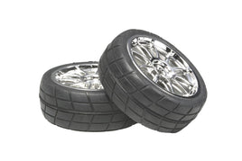 Tamiya - 24mm 10-Spoke Metal Plated Wheel with Cemented Radial Tire, 0 Offset, Pair - Hobby Recreation Products