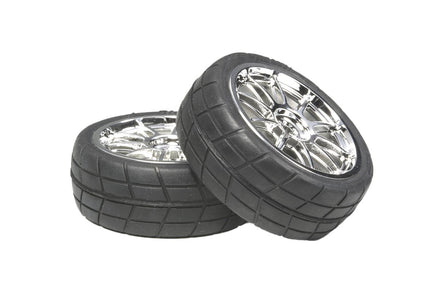 Tamiya - 24mm 10-Spoke Metal Plated Wheel with Cemented Radial Tire, 0 Offset, Pair - Hobby Recreation Products