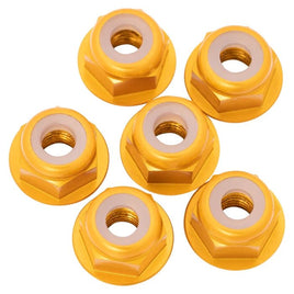 1UP Racing - 7075 Aluminum Flanged Locknuts, M3, Gold, 6pcs - Hobby Recreation Products