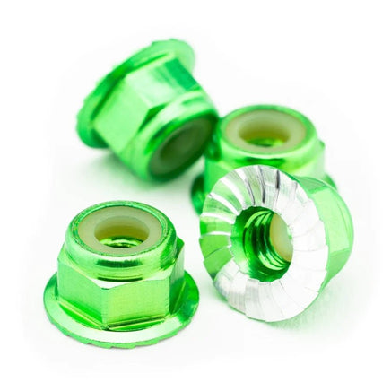 1UP Racing - M4 Flanged and Serrated Aluminum Locknuts, Green, 4pcs - Hobby Recreation Products