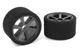 Corally - Attack Foam Tires - 1/12 Circuit - 35 Shore Double Pink - Front - Carbon Rims (pr.) - Hobby Recreation Products