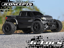 J Concepts - 2.8" G-Locs Tires, Yellow Compound, Pre-Mounted on Black Wheels for E-Stampede/E-Rustler 2WD Rear - Hobby Recreation Products