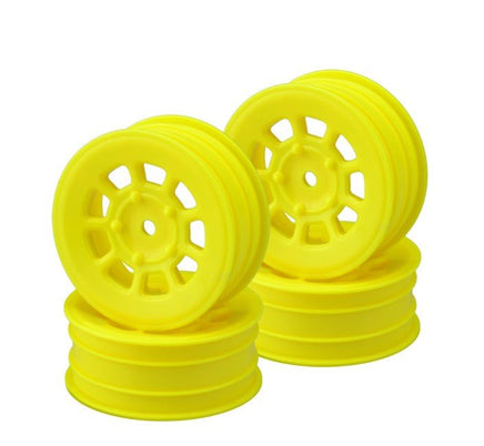 J Concepts - 9 Shot 2.2" Front Wheel, Yellow, for B6.1, YZ2, XB2, RB7, 4pcs - Hobby Recreation Products