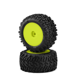 J Concepts - Scorpios, Green Compound Tires, Pre-Mounted, Yellow Wheels, fits Losi Mini-T 2.0/Mini-B Rear - Hobby Recreation Products