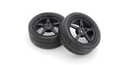 Kyosho - Glued TC Tire, Medium Compound, on 5-Spoke Racing Wheel, Black, 2pcs - Hobby Recreation Products