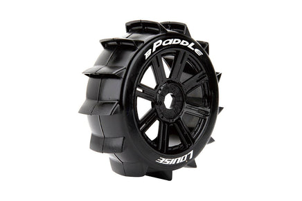 Louise R/C - B-Paddle 1/8 Off-Road Buggy Tires, 17mm Hex, Mounted on Black Spoke Rim, Soft, Front/Rear (2) - Hobby Recreation Products