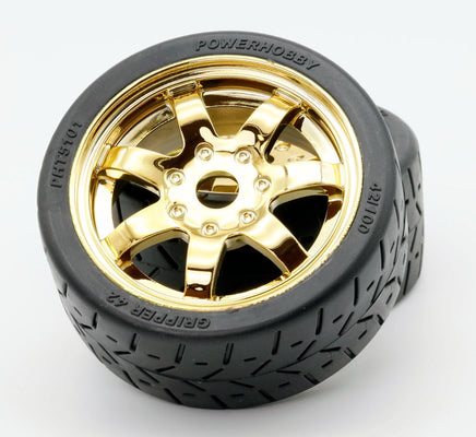 Power Hobby - 1/8 Gripper 42/100 Belted Mounted Tires 17mm Gold Wheels - Hobby Recreation Products