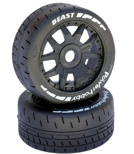 Power Hobby - 1/8 GT Beast Belted Mounted Tires, Medium Compound, 17mm Black Wheels - Hobby Recreation Products