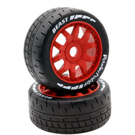 Power Hobby - 1/8 GT Beast Belted Mounted Tires, Soft Compound, 17mm Red Wheels - Hobby Recreation Products