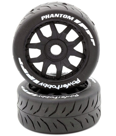 Power Hobby - 1/8 GT Phantom Belted Mounted Tires, Medium Compound, 17mm Black Wheels - Hobby Recreation Products