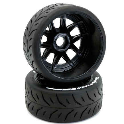 Power Hobby - 1/8 GT Phantom Belted Mounted Tires, Medium Compound, 17mm Black Wheels - Hobby Recreation Products