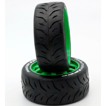 Power Hobby - 1/8 GT Phantom Belted Mounted Tires, Medium Compound, 17mm Green Wheels - Hobby Recreation Products