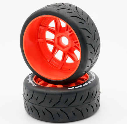 Power Hobby - 1/8 GT Phantom Belted Mounted Tires, Medium Compound, 17mm Orange Wheels - Hobby Recreation Products