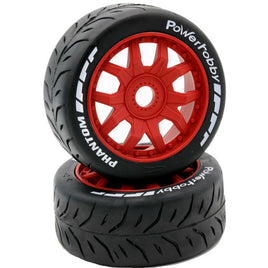 Power Hobby - 1/8 GT Phantom Belted Mounted Tires, Medium Compound, 17mm Red Wheels - Hobby Recreation Products