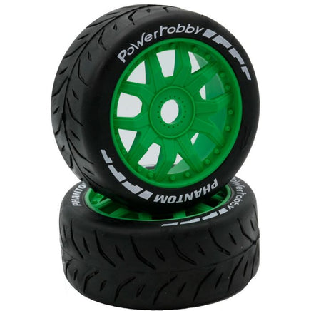 Power Hobby - 1/8 GT Phantom Belted Mounted Tires, Soft Compound, 17mm Green Wheels - Hobby Recreation Products