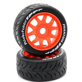 Power Hobby - 1/8 GT Phantom Belted Mounted Tires, Soft Compound, 17mm Orange Wheels - Hobby Recreation Products
