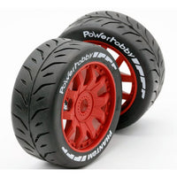 Power Hobby - 1/8 GT Phantom Belted Mounted Tires, Soft Compound, 17mm Red Wheels - Hobby Recreation Products