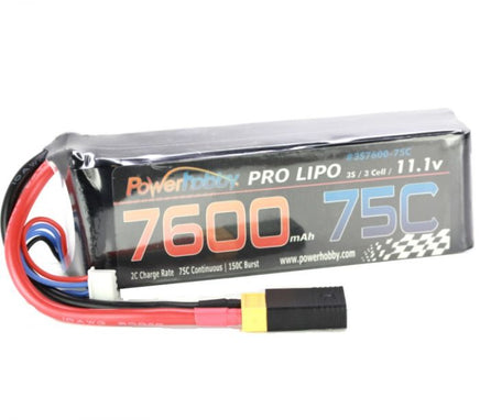 Power Hobby - 7600mAh 11.1V 3S 75C LiPo Battery with Hardwired XT60 Connector w/HC Adapter - Hobby Recreation Products