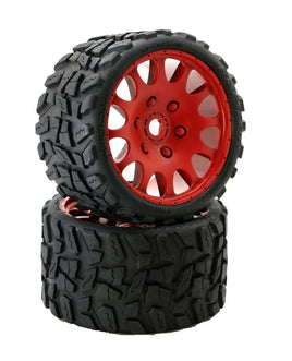 Power Hobby - Raptor Belted Monster Truck Tires / Wheels w 17mm Hex (2) Sport-Red - Hobby Recreation Products