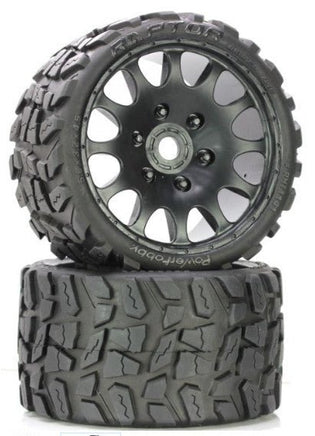 Power Hobby - Raptor Belted Monster Truck Wheels/Tires (pr.), Pre-mounted, Race Soft Compound 17mm Hex - Hobby Recreation Products