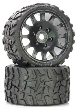 Power Hobby - Raptor Belted Monster Truck Wheels/Tires (pr.), Pre-mounted, Sport Medium Compound 17mm Hex - Hobby Recreation Products
