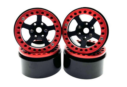 Racers Edge - 1.9" Aluminum Beadlock Rims (4pcs) 5 Star, Black with Red Rings - Hobby Recreation Products