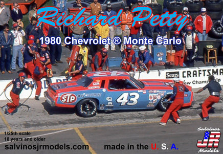 Salvinos JR Models - 1/25 Richard Petty Racing 1980 Chevrolet Monte Carlo Reverse Paint Plastic Model Car Kit - Hobby Recreation Products