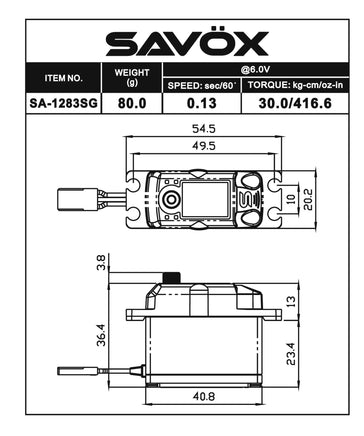 Savox - Coreless Metal Case Digital Servo with Soft Start, 0.13sec / 416oz @ 6V - Hobby Recreation Products